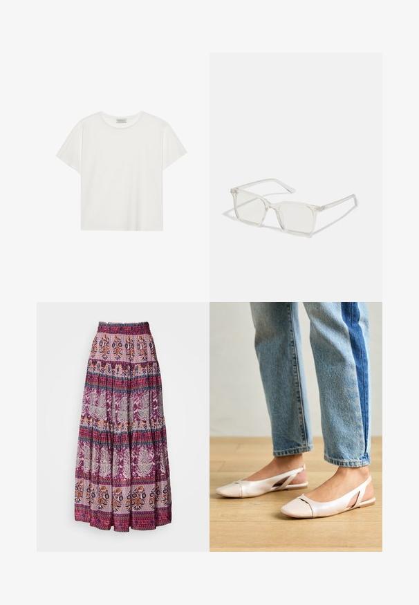 Balts īsām piedurknēm T-krekls, kas izgatavots no mīksta kokvilnas. Tam ir apaļš izgriezums un brīvs piegriezums. Tīrs dizains bez redzamām rakstiem vai akcentiem.; Garšīga, daudzslāņu svārku kleita, kas izgatavota no viegla auduma purpura un oranžā krāsā, ar sarežģītām ziedu un ģeometriskām rakstām. ; Bālti rozā siksniņu dzīvokļi ar smailu purngalu, izgatavoti no gludas ādas līdzīgās materiāla. Iezīmē izgriezumu detaļas sānos un platu papēdi.; Caursplūstošas kvadrātveida brillēs ar caurspīdīgiem lēcām, ar zelta akcentiem uz tempļiem, lai pievienotu detaļas.; Burgundijas zamšs tote soma ar mīkstu tekstūru, plašu atveri un garām siksnām. Iezīmē vienkāršu dizainu ar redzamām šuvēm un bez aparatūras.