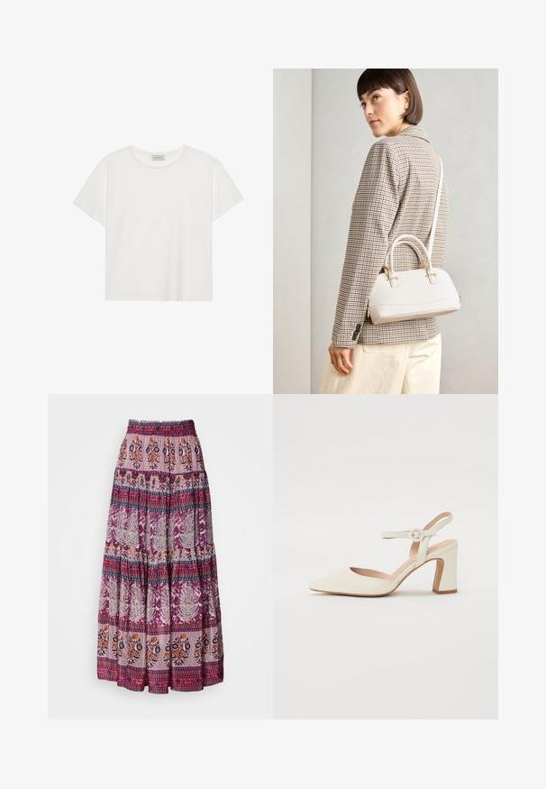 Valkoinen lyhythihainen T-paita, joka on valmistettu pehmeästä puuvillasta. Siinä on pyöreä kaula-aukko ja rento istuvuus. Siisti muotoilu ilman näkyviä kuvioita tai yksityiskohtia.; Pitkä, kerrostettu hame, joka on valmistettu kevyestä kankaasta purppuran ja oranssin sävyissä, ja jossa on monimutkaisia kukka- ja geometrisia kuvioita ympäriinsä.; Kape avokado, kremvärdig pumps med blockklack. Utrustad med ett tunt ankelsnöre med en rund spänne och en slät lädertextur.; Valkoinen rakenteellinen käsilaukku, jossa on lyhyet kahvat ja olkahihna, varustettu kultaisilla metalliosilla ja tekstuurilla, esillä harmaata taustaa vasten.; Kultaiset korvakorut, joissa on soikeat, läpinäkyvät kivet, joita ympäröivät pienemmät läpinäkyvät kivet. Korvakoruissa on koukkuminen, joka takaa turvallisen käytön.