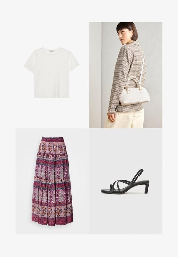 Biele tričko s krátkymi rukávmi vyrobené z jemnej bavlny. Má okrúhly výstrih a voľný strih. Čistý dizajn bez viditeľných vzorov alebo akcentov.; Dlhá, viacvrstvová sukňa vyrobená z ľahkej látky v odtieňoch fialovej a oranžovej, so zložitými kvetinovými a geometrickými vzormi po celom povrchu.; Čierne sandále na vysokom podpätku so štvorcovou špičkou a nízkym blokovým podpätkom. Obsahujú viacero tenkých popruhov a nastaviteľný členkový popruh. Vyrobené z hladkej kože.; Biela štruktúrovaná kabelka s krátkymi rúčkami a ramenným popruhom, s zlatými kovovými prvkami a textúrovaným materiálom, vystavená na šedom pozadí.