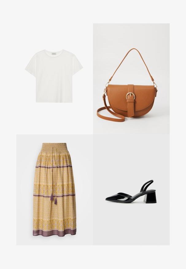 Balts īsām piedurknēm T-krekls, kas izgatavots no mīksta kokvilnas. Tam ir apaļš izgriezums un brīvs piegriezums. Tīrs dizains bez redzamām rakstiem vai akcentiem.; Dzeltena maksi svārki ar smockēto jostasvietu, ziedu un ģeometriskajiem rakstiem baltā un purpursarkanā krāsā, ar divām purpursarkanām бumbām jostasvietā.; Melna lakota āda ar atvērto papēdi, ar smailu purngalu un ģeometrisku blokpapēdi. Iezīmējas elegants, minimāls dizains un gluda tekstūra.; Brūns ādas plecu soma ar izliekta formu, zelta piederumiem un sprādzes akcentu. Iesaiņota ar noņemamu plecu siksnu.; Zelta riņķa auskari ar gludu, noapaļu dizainu. Plāni un viegli, ar nepārtrauktu cilpu bez jebkādām rotājumām.