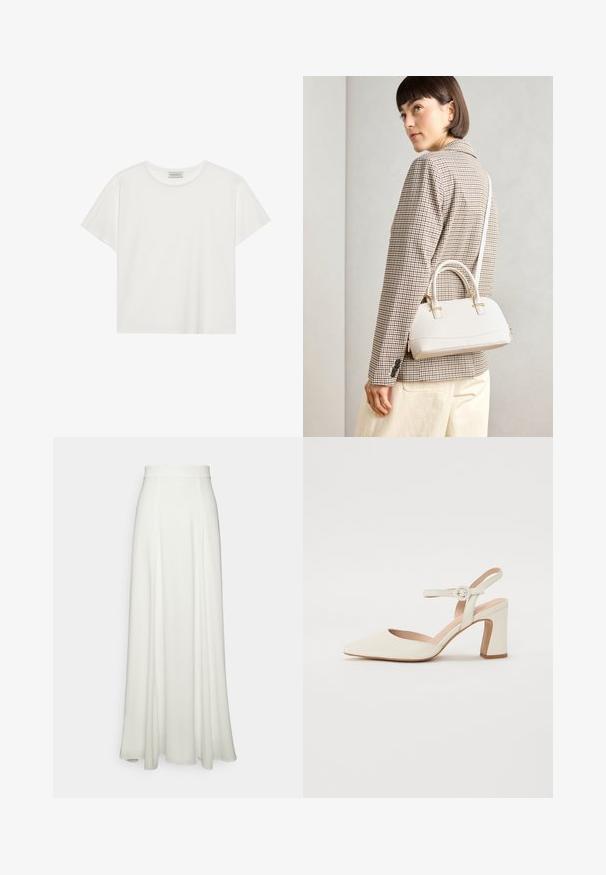 Fehér, rövid ujjú póló, puha pamutból készült. Kerek nyakkivágással és laza szabással rendelkezik. Tiszta dizájn, látható minták vagy díszítések nélkül.; Fehér, földig érő szoknya sima, lágy textúrával, amelynek magas, illeszkedő derékrésze van, és nincs rajta látható minta vagy díszítés.; Hegyes orrú, krémszínű magassarkú cipő, tömbsarkúval. Jellemzője egy vékony bokaheveder kerek csattal és sima bőrszerkezet.; Fehér, strukturált kézitáska rövid füllel és vállpánttal, arany színű fém kiegészítőkkel és texturált anyagból, szürke háttér előtt bemutatva.