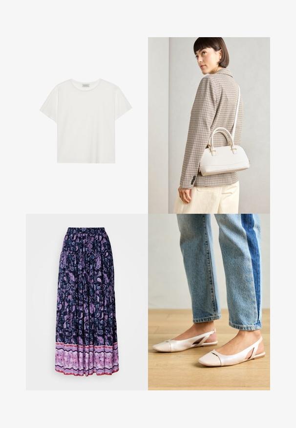 Witte T-shirt met korte mouwen, gemaakt van zachte katoen. Heeft een ronde halslijn en een relaxte pasvorm. Schoon ontwerp zonder zichtbare patronen of accenten.; Maxi-jurk in marineblauw met een uitgebreid paarse paisleyprint; elastische tailleband en gelaagde zoom met een contrasterende bloemstof aan de onderkant.; Zachtroze slingback ballerina's met een spitse neus, gemaakt van een glad leerachtig materiaal. Bevat uitsnijdingen aan de zijkanten en heeft een platte hak.; Witte gestructureerde handtas met korte handvatten en een schouderband, voorzien van gouden hardwareaccenten en een textuurmateriaal, tentoongesteld tegen een grijze achtergrond.
