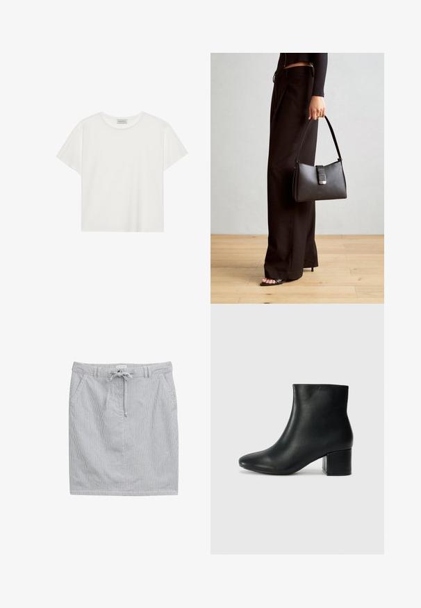 Weißes T-Shirt mit kurzen Ärmeln aus weicher Baumwolle. Verfügt über einen runden Halsausschnitt und eine lockere Passform. Sauberes Design ohne sichtbare Muster oder Akzente.; Gestreifte Rock aus hellblauem und Weißem Baumwollstoff mit elastischem Taillenbund, Kordelzug und zwei Seitentaschen. Glatte Textur, knielange.; Schwarze Leder-Ankle-Boots mit spitzem Zehenbereich und klobigem Absatz. Glatte Textur mit minimalen Akzenten und einem eleganten, taillierten Design.; Schwarze Handtasche mit strukturierter Form, glatter Textur und einem metallischen Verschluss. Kombiniert mit weiten schwarzen Hosen und offenen Sandalen auf einem Holzboden.
