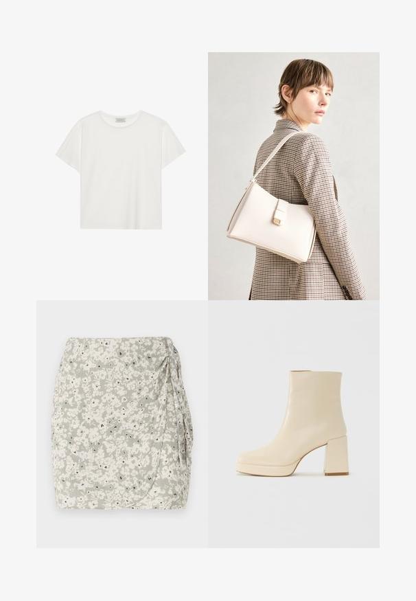 Fehér, rövid ujjú póló, puha pamutból készült. Kerek nyakkivágással és laza szabással rendelkezik. Tiszta dizájn, látható minták vagy díszítések nélkül.; Világos zöld és krémszínű virágmintás mini szoknya, oldalt redőzéssel és fekete akcentus részletekkel. Puha, texturált anyag, amely becsomagolós dizájnnal rendelkezik.; Beige bőr bokacsizma bársonyos felülettel, tömbsarokkal és platform talppal, enyhén szögletes orral, balra nézve, fehér háttér előtt.; Fehér bőr táska strukturált dizájnnal, mágneses záródással és vállpánttal, semleges háttér előtt bemutatva.