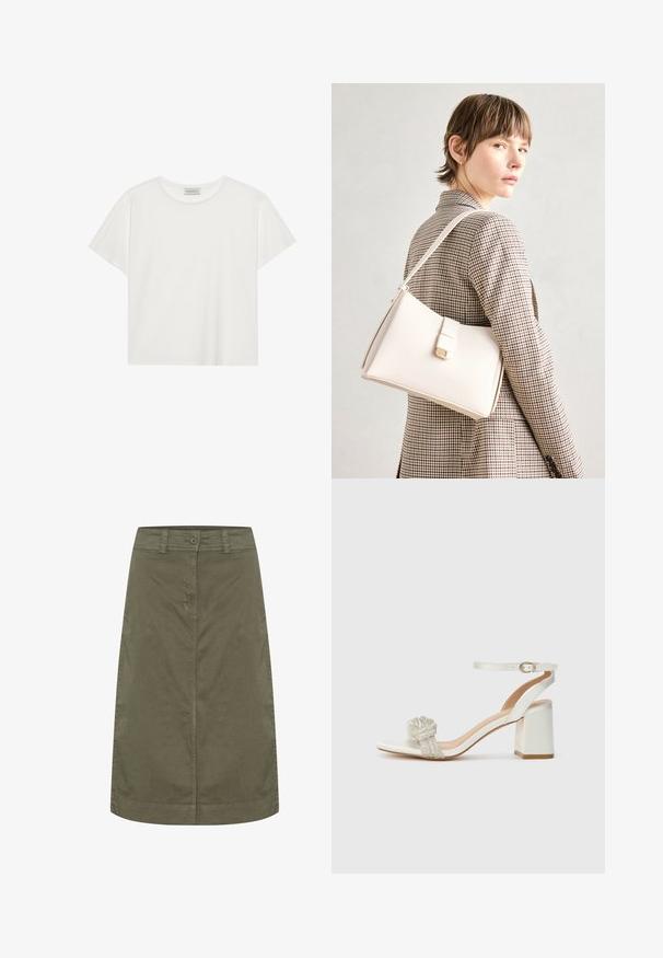 Biele tričko s krátkymi rukávmi vyrobené z jemnej bavlny. Má okrúhly výstrih a voľný strih. Čistý dizajn bez viditeľných vzorov alebo akcentov.; Sukňa olivovej zelenej farby vyrobená z bavlny, so sťahovaním vpředu a hladkým povrchom. Žiadne ozdoby ani vzory.; Biele otvorené sandále s hrubým blokovým podpätkom, ktorých súčasťou je textúrovaný glitrový pás cez nohu a nastaviteľný remienok okolo členku.; Biely kožený kabelka so štruktúrovaným dizajnom, s magnetickým uzáverom a ramenným popruhom, vystavená na neutrálnom pozadí.