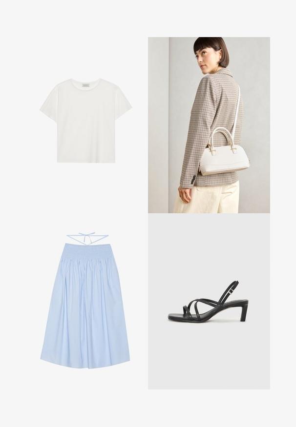 Valge lühikeste varrukatega t-särk, mis on valmistatud pehmest puuvillast. Omab ümmargust kaelust ja mugavat lõiget. Puhtad jooned, ilma nähtavate mustrite või aktsentideta.; Heledat sinine puuvillane seelik, millel on smockitud vöökoht, voolav siluett, laiad voldid ja õhukesed sidumisrihmad taga reguleeritava sobivuse jaoks.; Mustast rihmajalatsid ruudukujulise varba ja madala ploki kontsaga. Omab mitmeid õhukesi rihmasid ja reguleeritavat pahkluu rihma. Valmistatud siledast nahast.; Valge struktureeritud käekott lühikeste käepidemete ja õlavööga, millel on kuldse riistvara aktsendid ja tekstuuriga materjal, eksponeeritud halli taustal.