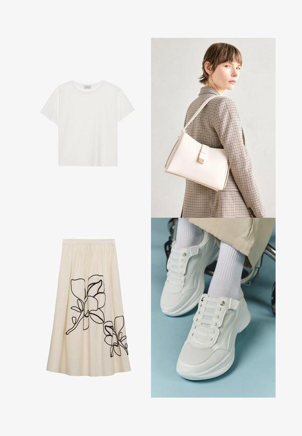 Hvid kortærmet T-shirt lavet af blødt bomuld. Har en rund halsudskæring og en afslappet pasform. Rent design uden synlige mønstre eller accenter.; Cremefarvet nederdel med sort blomsterbroderi, med en samlet talje og en flydende design, lavet af et let stof.; Hvide sneakers med mesh-materiale, gummisål, snørebåndsfri design med elastiske bånd og guldtonede accenter.; Hvid læder håndtaske med en struktureret design, der har en magnetlukning og en skulderrem, præsenteret mod en neutral baggrund.