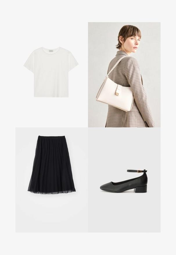 Witte T-shirt met korte mouwen, gemaakt van zachte katoen. Heeft een ronde halslijn en een relaxte pasvorm. Schoon ontwerp zonder zichtbare patronen of accenten.; Zwarte geplooide rok van transparante stof, met een elastische tailleband. Vloeiende ontwerp reikt tot halverwege het onderbeen en toont verticale plooien.; Zwarte leren pump met een spitse neus en een lage blokhak. Beschikt over een enkelband met een goudkleurige gespsluiting. Gladde textuur.; Witte leren handtas met een gestructureerd ontwerp, voorzien van een magneetsluiting en een schouderriem, tentoongesteld tegen een neutrale achtergrond.
