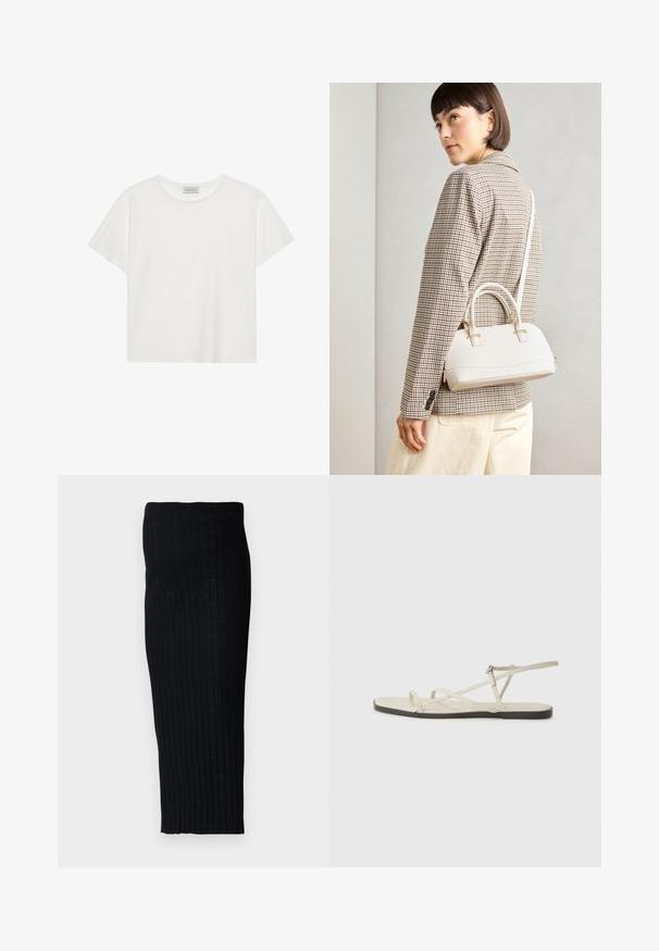 Biała koszulka z krótkim rękawem wykonana z miękkiej bawełny. Posiada okrągły dekolt i luźny krój. Czysty design bez widocznych wzorów czy akcentów.; Czarna, prążkowana spódnica midi o dopasowanym kroju, z pionowymi liniami dla uzyskania faktury. Wykonana z elastycznego materiału dla zapewnienia komfortu.; Beżowe płaskie sandały z wieloma cienkimi paskami i regulowanym zapięciem. Podeszwa jest płaska z delikatnym ciemnym kontrastem na krawędzi.; Biała torebka o strukturalnym kształcie z krótkimi uchwytami i paskiem na ramię, z złotymi akcentami i teksturowanym materiałem, prezentowana na szarym tle.