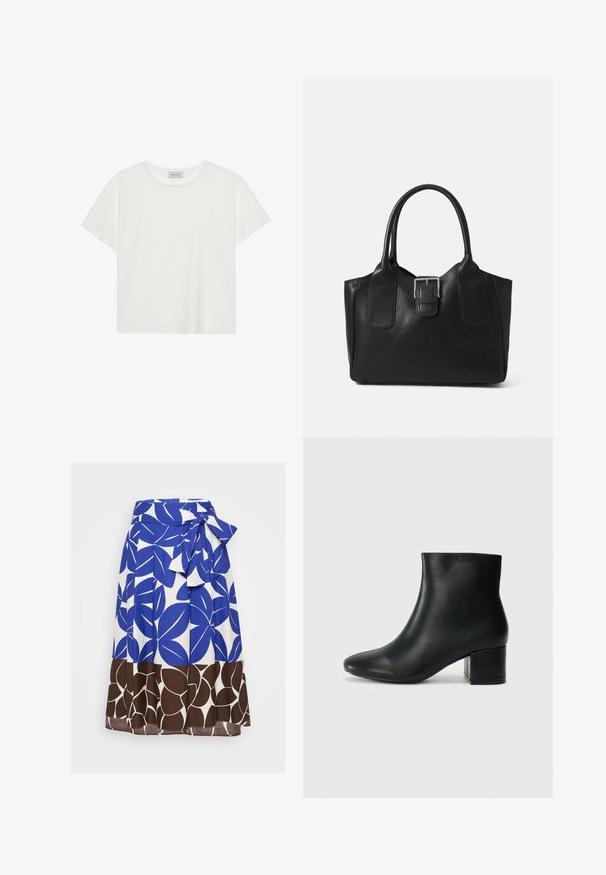Witte T-shirt met korte mouwen, gemaakt van zachte katoen. Heeft een ronde halslijn en een relaxte pasvorm. Schoon ontwerp zonder zichtbare patronen of accenten.; Blauwe en witte rok met een gedurfde bladdessin, voorzien van een vastgebonden tailleband en een bruine bloemenrand aan de onderkant. Gemaakt van een lichtgewicht stof.; Zwarte leren enkellaarzen met een spitse neus en een chunky hak. Gladde textuur met minimale accenten en een slank, strakk ontwerp.; Zwarte leren tote bag met een gladde textuur, gestructureerde vorm, twee handvatten en een opvallend zilveren sluitingdetail aan de voorkant.