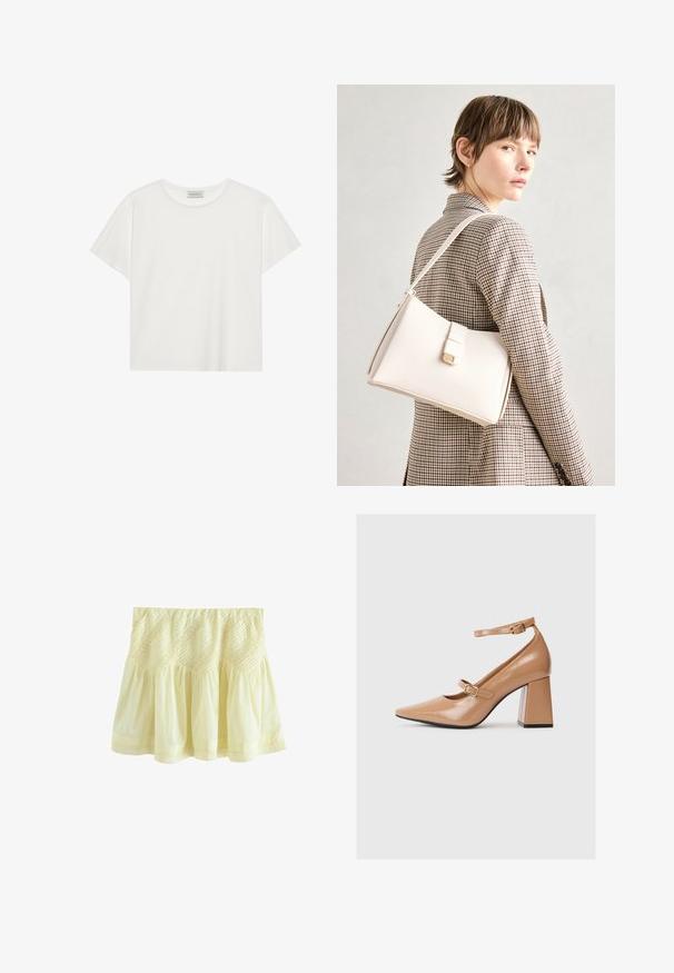 Weißes T-Shirt mit kurzen Ärmeln aus weicher Baumwolle. Verfügt über einen runden Halsausschnitt und eine lockere Passform. Sauberes Design ohne sichtbare Muster oder Akzente.; Gelber, gestufter Rock aus leichtem Stoff. Verfügt über eine geraffte Textur und dekorative Nähte entlang des Taillenbunds und des Saums.; Beige Lackleder-Pumps mit spitzem Zeh, einem Knöchelriemen und einem massiven Quadratabsatz. Glatte Textur mit glänzender Oberfläche.; Weiße Lederhandtasche mit strukturiertem Design, ausgestattet mit einem Magnetverschluss und einem Schulterriemen, präsentiert vor einem neutralen Hintergrund.