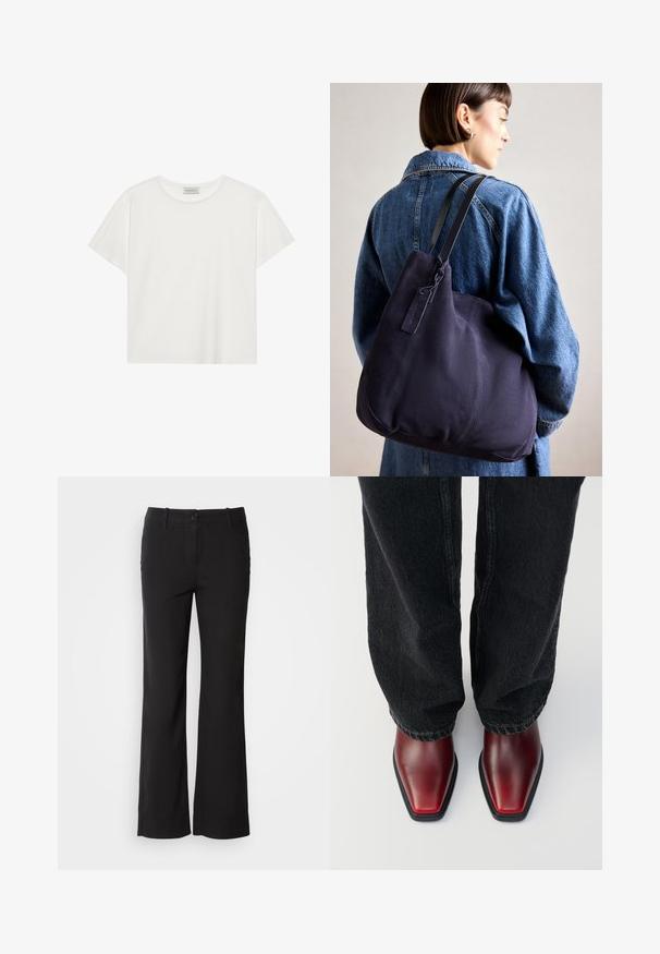 T-shirt blanc à manches courtes en coton doux. Présente un col rond et une coupe décontractée. Design épuré sans motifs ni accents visibles.; Pantalons en mélange de coton noirs avec une coupe droite, fermeture à bouton sur le devant et deux poches latérales. Texture lisse, sans motifs visibles.; Bottines en cuir rouge à bout carré, dotées d'une semelle en caoutchouc noire contrastante. Portées avec un jean en denim foncé.; Sac à épaule en toile navy avec une forme douce et structurée, doté d'une sangle noire, de détails cousus et d'une petite étiquette de marque.