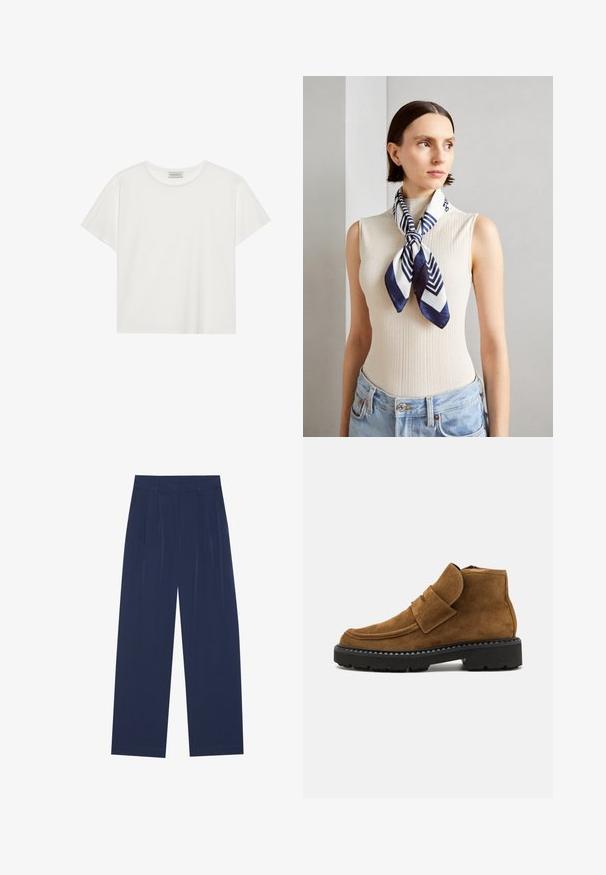 Biała koszulka z krótkim rękawem wykonana z miękkiej bawełny. Posiada okrągły dekolt i luźny krój. Czysty design bez widocznych wzorów czy akcentów.; Granatowe spodnie o szerokich nogawkach, wykonane z miękkiego materiału, z przodem w kant, gładką fakturą i prostym krojem bez widocznych kieszeni.; Kennel + Schmenger FREDA koniakowy; Jedwabny szalik w granatowym i białym kolorze z geometrycznym wzorem w zygzaki. Gładka tekstura, schludnie związany wokół szyi, uzupełniający prążkowany top.; Jedwabny szalik w granatowym i białym kolorze z geometrycznym wzorem w zygzaki. Gładka tekstura, schludnie związany wokół szyi, uzupełniający prążkowany top.; Kremowa poduszka na głowę zziębniętym wzorem, zestawiona z beżową i białą koszulą w paski, z okrągłym dekoltem. Subtelne akcenty biżuteryjne.