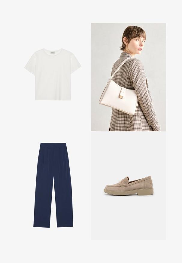 Balts īsām piedurknēm T-krekls, kas izgatavots no mīksta kokvilnas. Tam ir apaļš izgriezums un brīvs piegriezums. Tīrs dizains bez redzamām rakstiem vai akcentiem.; Tumši zili platleņķa bikses, kas izgatavotas no mīksta auduma, ar priekšējo krokām, gludu tekstūru un taisnu piegriezumu bez redzamām kabatām.; Beige zamšveida loafers ar apaļu purngalu, dekoratīvo šuvju un zemiem, masīviem gumijas zoli, kas nodrošina komfortu un stabilitāti.; Balta ādas rokassoma ar strukturētu dizainu, kurai ir magnētiska aizdare un plecu josta, parādīta uz neitrāla fona.