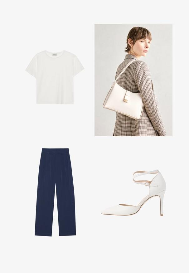 Camiseta blanca de manga corta hecha de suave algodón. Presenta un escote redondo y un corte relajado. Diseño limpio sin patrones o acentos visibles.; Pantalones de pierna ancha en azul marino, fabricados en un tejido suave, que cuentan con pliegues frontales, una textura lisa y un corte recto sin bolsillos visibles.; Zapato de tacón alto blanco con punta afilada, correa en el tobillo y acabado de cuero texturizado. Presenta un diseño elegante y un tacón de aguja delgado.; Bolso de mano de cuero blanco con un diseño estructurado, que presenta un cierre magnético y una correa para el hombro, exhibido sobre un fondo neutro.