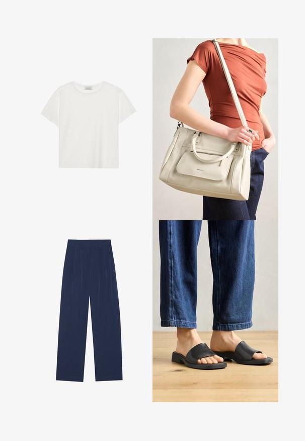 Hvit T-skjorte med kort erm laget av myk bomull. Har rund hals og avslappet passform. Rent design uten synlige mønstre eller aksenter.; Marineblå bukser med vide ben laget av mykt stoff, med frontfolder, en glatt tekstur og en rett passform uten synlige lommer.; Sorte slip-on sandaler laget av glatt materiale, med åpen tå og bred toppreim, satt mot mørke denimbukser med rett passform.; Hvit skinnveske med doble håndtak og avtagbar stroppe, med en frontlomme med glidelås og glatt tekstur. Bært på en persons arm.