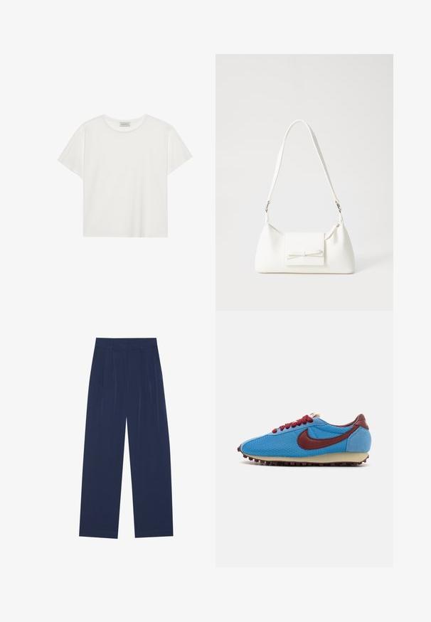 Tricou alb cu mânecă scurtă, made din bumbac moale. Are un guler rotund și o croială lejeră. Design curat, fără modele sau accente vizibile.; Pantaloni largi de culoare bleumarin, confecționați dintr-un material moale, cu pliseuri frontale, o textură netedă și o croială dreaptă, fără buzunare vizibile.; Adidași din plasă albastră și ante cu accente și șireturi maronii. Prezintă un material texturat pe partea superioară și o talpă din cauciuc crem cu mici cuie.; Geantă sintetică albă, cu formă triangulară, capac frontal plat și detaliu cu fundă, curea ajustabilă, textură netedă și design minimalist.