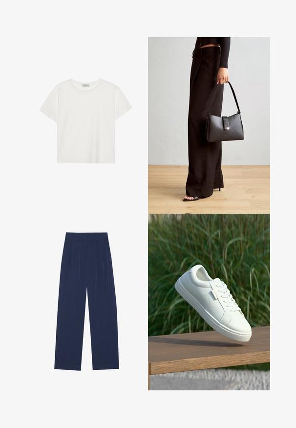 Weißes T-Shirt mit kurzen Ärmeln aus weicher Baumwolle. Verfügt über einen runden Halsausschnitt und eine lockere Passform. Sauberes Design ohne sichtbare Muster oder Akzente.; Himmelblaue Weitbundhosen aus weichem Stoff, mit vorderen Falten, glatter Oberfläche und einem geraden Schnitt ohne sichtbare Taschen.; Weißer Leder-Sneaker mit Schnürsenkeln schwebt über einer hölzernen Bank, im Hintergrund ist das grüne hohe Gras unscharf zu sehen.; Schwarze Handtasche mit strukturierter Form, glatter Textur und einem metallischen Verschluss. Kombiniert mit weiten schwarzen Hosen und offenen Sandalen auf einem Holzboden.