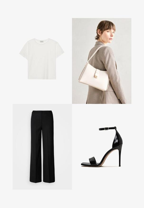 Biała koszulka z krótkim rękawem wykonana z miękkiej bawełny. Posiada okrągły dekolt i luźny krój. Czysty design bez widocznych wzorów czy akcentów.; Czarne szerokie spodnie o gładkim materiale, z wysokim stanem, dopasowanymi szwami i minimalistycznym designem. Brak widocznych zapięć lub kieszeni.; Czarne lakierowane sandały na wysokim obcasie z otwartym przodem, z paskiem na kostce i smukłym, błyszczącym wykończeniem. Posiadają wąski obcas w stylu stiletto.; Biała skórzana torebka o strukturalnym wzorze, z magnetycznym zapięciem i paskiem na ramię, zaprezentowana na neutralnym tle.