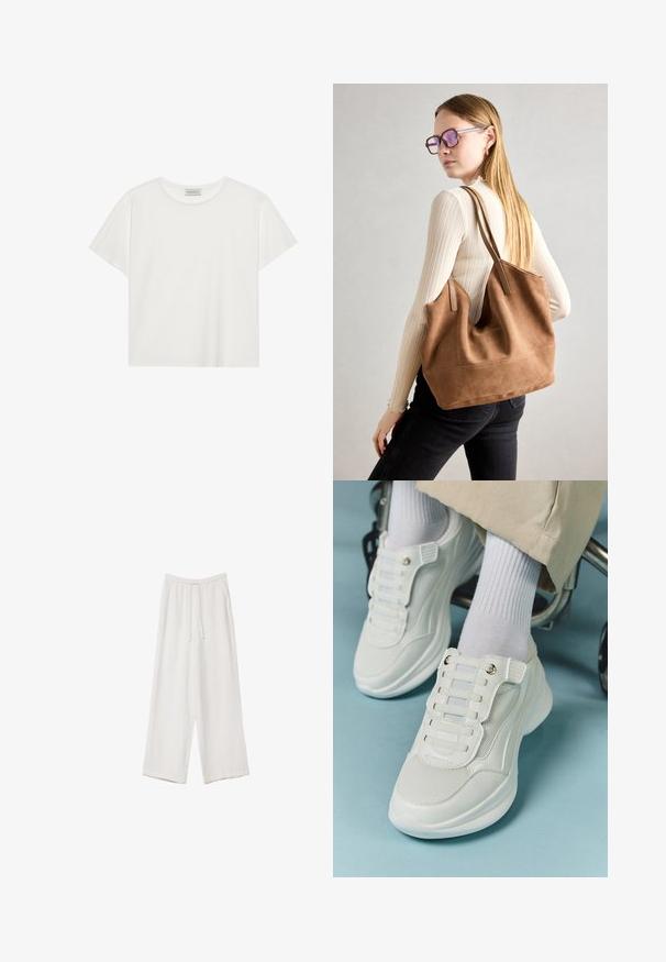 Biele tričko s krátkymi rukávmi vyrobené z jemnej bavlny. Má okrúhly výstrih a voľný strih. Čistý dizajn bez viditeľných vzorov alebo akcentov.; Biele široké nohavice vyrobené z ľahkej tkaniny. Obsahujú elastický pás so sťahovacou šnúrkou a bočné vrecká. Hladká textúra.; Biele tenisky s materiálom z mlátenice, gumovou podrážkou, bezšnúrovým dizajnom s elastickými pásikmi a pozlátenými akcentmi.; Hnedá semišová taška na rameno s mäkkou textúrou, veľkým otvorom a dlhými popruhmi. Má jednoduchý dizajn s viditeľným šitím a bez kovových prvkov.