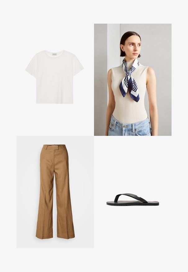 Tricou alb cu mânecă scurtă, made din bumbac moale. Are un guler rotund și o croială lejeră. Design curat, fără modele sau accente vizibile.; Pantaloni largi maro, realizati dintr-un material usor. Prezintă un front plat, curea pentru centură și o siluetă tailată cu o tăietură până la glezne.; Sandale negre tip flip-flop cu talpă plată, brant texturat negru, bretele netede și un mic accent auriu near post-ul degetului.; Eșarfă din mătase în nuanțe de albastru marin și alb, cu un model geometric în zigzag. Textură netedă, legată cu grijă în jurul gâtului, completând un top cu dungi.