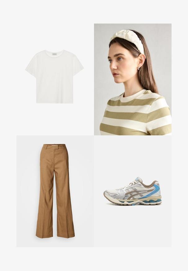 Fehér, rövid ujjú póló, puha pamutból készült. Kerek nyakkivágással és laza szabással rendelkezik. Tiszta dizájn, látható minták vagy díszítések nélkül.; Barna, széles szárú nadrág könnyű anyagból. Jellemzője a sima elülső rész, övhurkok és az alakra szabott sziluett, boka hosszúságú kivitelben.; Fehér és ezüst futócipő kék díszítéssel. Hálós felsőrésszel, párnázott talppal és részletes mintázattal az oldalain.; Krém színű párnázott fejpánt csavaros kivitelezéssel, bézs és fehér csíkos pólóval párosítva, kerek nyakkivágással. Diszkrét ékszer kiegészítők.