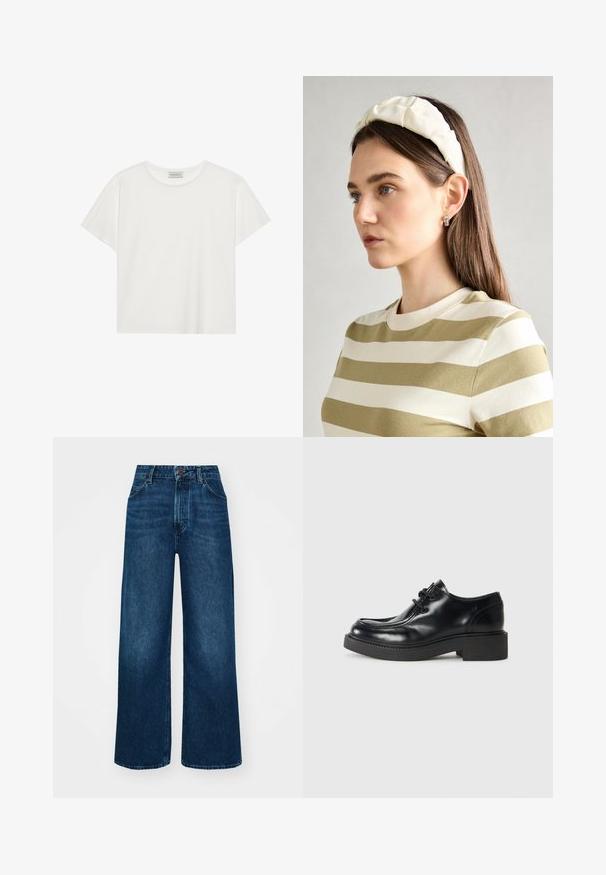 Weißes T-Shirt mit kurzen Ärmeln aus weicher Baumwolle. Verfügt über einen runden Halsausschnitt und eine lockere Passform. Sauberes Design ohne sichtbare Muster oder Akzente.; Hochtaillierte, weit geschnittene Jeans in dunkelblauem Denim mit glatter Textur, Kontrastnähten und einem Fünf-Taschen-Design. Verschluss mit einem Frontknopf.; Schwarze Leder-Oxfordschuhe mit runder Zehenform, Schnürdesign und einer dicken schwarzen Gummisohle. Glatte Textur und minimale Nähte.; Cremfarbener gepolsterter Haarreif mit gedrehtem Design, kombiniert mit einem beigen und weißen gestreiften Shirt mit rundem Halsausschnitt. Dezente Schmuckakzente.