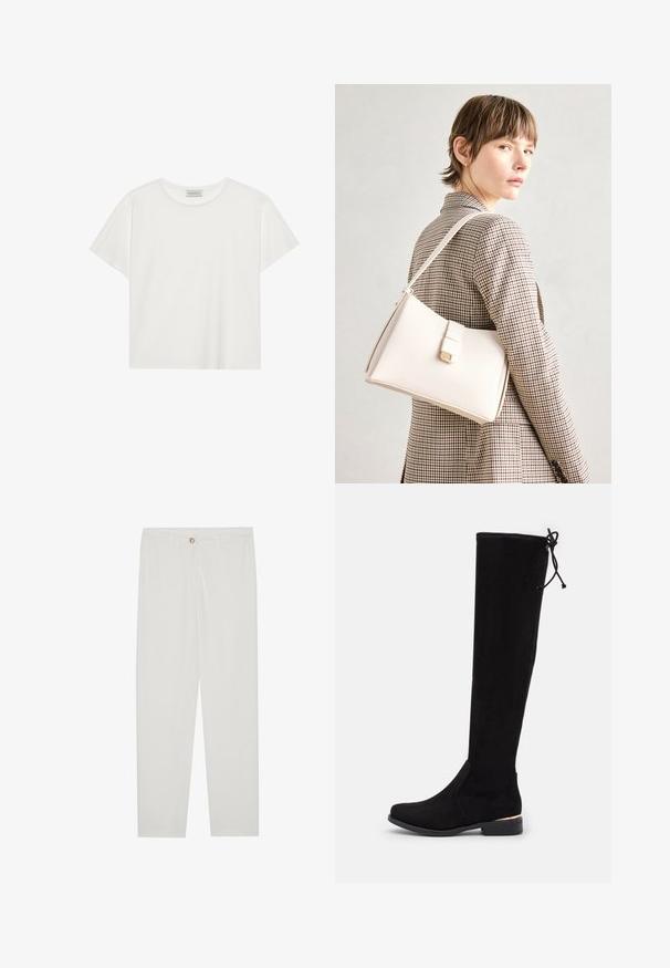 Bijela kratkodlaka majica od mekog pamuka. Ima okrugli izrez i opušteni kroj. Čist dizajn bez vidljivih uzoraka ili akcenata.; Bijele, krojene hlače ravnog kroja, s kopčanjem na dugme, petljama za remen i bočnim džepovima; glatka tekstura tkanine.; Crne čizme iznad koljena, izrađene od mekog materijala sličnog antilopu, s ravnim potplatom, naglaskom na gležnju i tankim vezanjem na vrhu za prilagodbu.; Bijela kožna torba s čvrstim dizajnom, s magnetskim kopčanjem i remenom za rame, prikazana na neutralnoj pozadini.