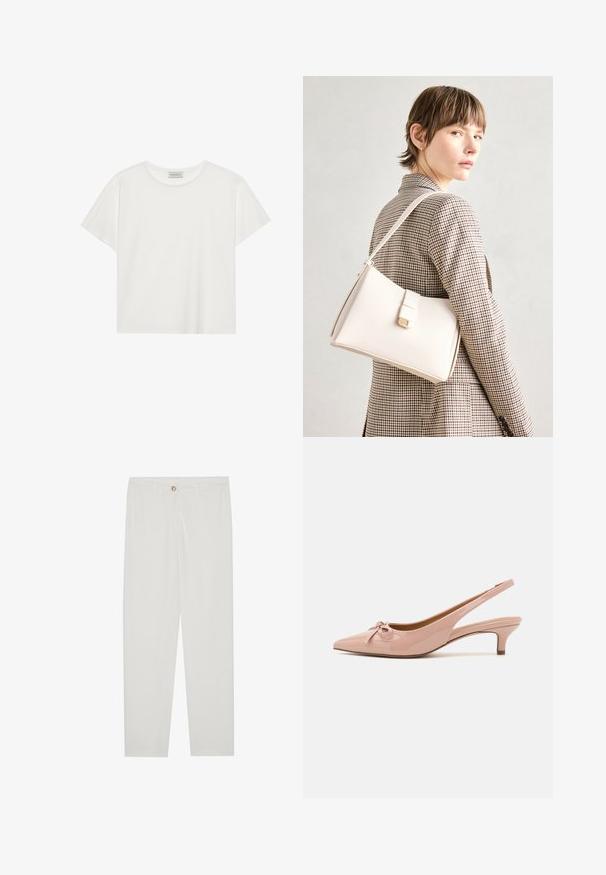 White short-sleeve T-shirt made of soft cotton. Features a round neckline and relaxed fit. Clean design with no visible patterns or accents.; White, tailored trousers with a straight leg design, featuring a button closure, belt loops, and side pockets; smooth fabric texture.; Patent pink slingback heels with a pointed toe, bow detail at the front, and a low kitten heel. Smooth texture with a glossy finish.; White leather handbag with a structured design, featuring a magnetic clasp and a shoulder strap, showcased against a neutral background.