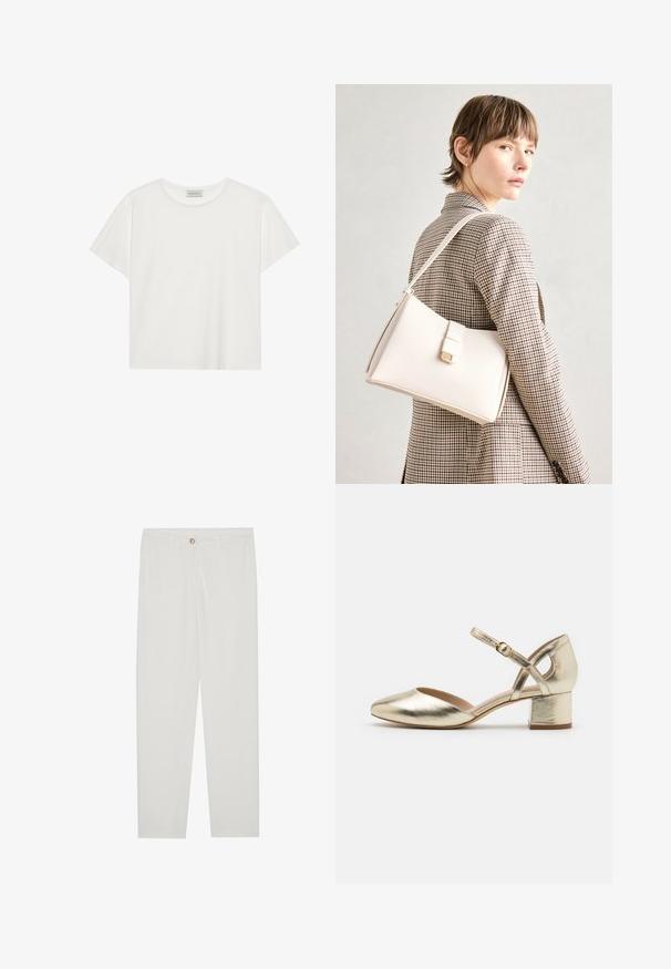 Camiseta blanca de manga corta hecha de suave algodón. Presenta un escote redondo y un corte relajado. Diseño limpio sin patrones o acentos visibles.; Pantalones blancos, ajustados, con un diseño de pierna recta, que cuentan con un cierre de botón, lazos para cinturón y bolsillos laterales; textura de tela suave.; Zapatos de tacón metálico dorado con puntera redonda, tira en el tobillo y tacón de bloque. Textura suave con un acabado brillante y diseño de tiras cruzadas.; Bolso de mano de cuero blanco con un diseño estructurado, que presenta un cierre magnético y una correa para el hombro, exhibido sobre un fondo neutro.