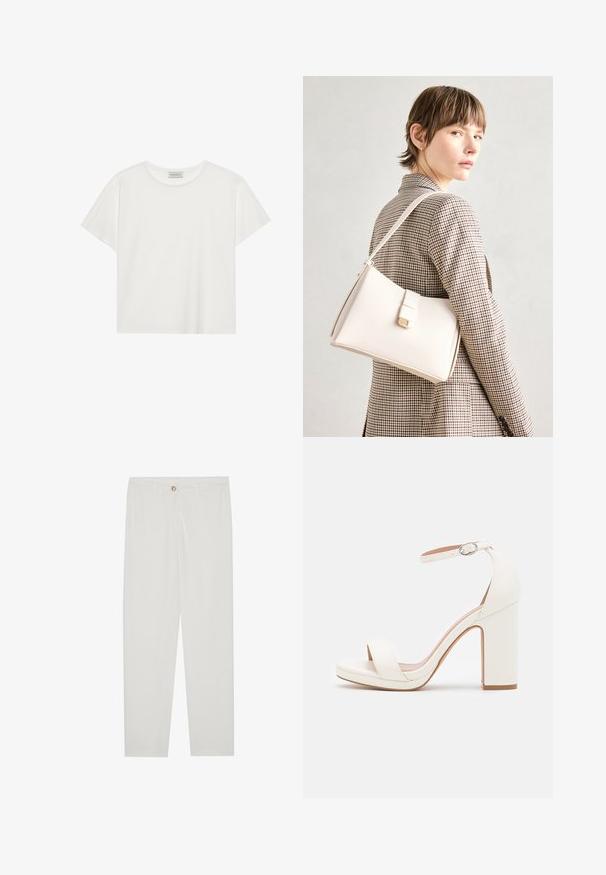 Tricou alb cu mânecă scurtă, made din bumbac moale. Are un guler rotund și o croială lejeră. Design curat, fără modele sau accente vizibile.; Pantaloni albi, croiți, cu un design drept al piciorului, având sistem de închidere cu nasture, bucle pentru curea și buzunare laterale; textură de țesătură netedă.; Sandalie albe cu toc înalt, cu curea la gleznă, design minimalist, vârful deschis, toc bloc și textură din piele netedă.; Geantă de mână din piele albă cu un design structurat, având o închidere magnetică și un breteau, expusă pe un fundal neutru.