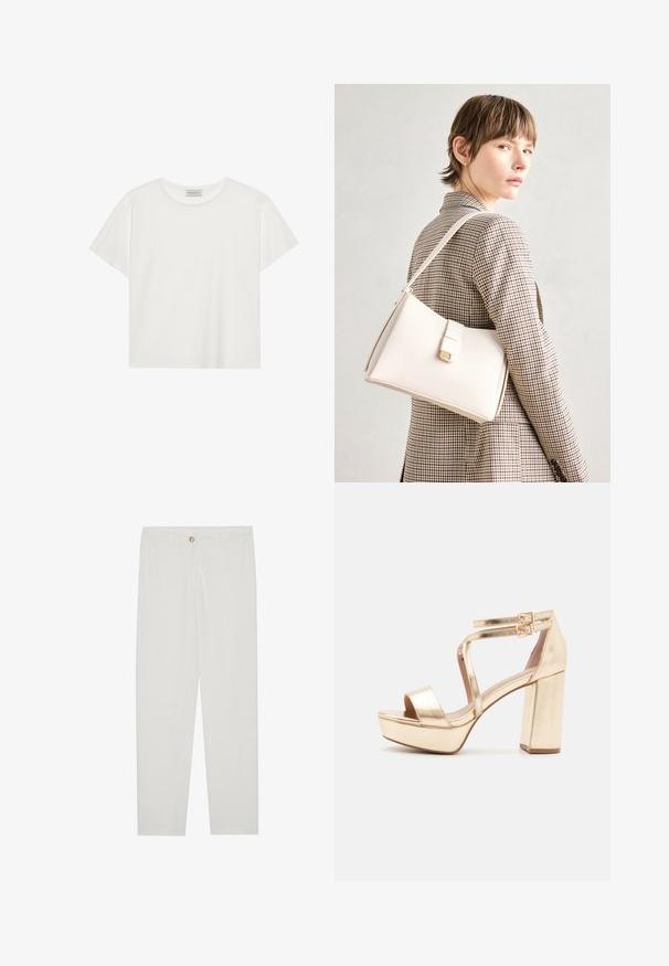 Fehér, rövid ujjú póló, puha pamutból készült. Kerek nyakkivágással és laza szabással rendelkezik. Tiszta dizájn, látható minták vagy díszítések nélkül.; Fehér, testreszabott nadrág egyenes szárú szabással, gombos záródással, övcsatolókkal és oldalsó zsebekkel; sima textúrájú anyag.; Arany fémes platform szandál, tömbös blokk sarokkal, nyitott orral és keresztbefonódó bokapántokkal, amelyeken csatt díszítések találhatók. Sima tapintás.; Fehér bőr táska strukturált dizájnnal, mágneses záródással és vállpánttal, semleges háttér előtt bemutatva.