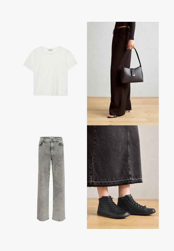 Hvit T-skjorte med kort erm laget av myk bomull. Har rund hals og avslappet passform. Rent design uten synlige mønstre eller aksenter.; Grå denimjeans med rett bendesign, prydet med sølvnagler overalt. Har en klassisk fem-lomme stil og knappefeste.; Svart skinnhøye sko med en glatt tekstur, med snøring og en glidelås på siden. Båret med et langt svart denimskjørt.; Svart håndveske med strukturert form, jevn tekstur og metallisk lås. Kombinert med brede svarte bukser og sandaler med åpen tå på tregulv.