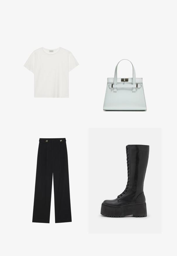 T-shirt bianco a maniche corte realizzato in morbido cotone. Presenta un collo rotondo e una vestibilità comoda. Design pulito senza modelli o dettagli visibili.; Pantaloni neri a gamba larga con vita alta, dettagli con bottoni in vita e pieghe frontali.; Zign LEATHER - Stivali con i lacci - black; Borsa a mano azzurro chiaro con design strutturato, due manici e chiusura in metallo tono argento. Materiale testurizzato e angoli acuti.