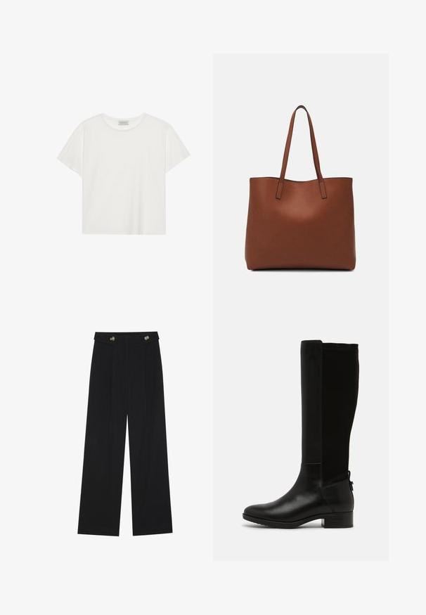 Camiseta blanca de manga corta hecha de suave algodón. Presenta un escote redondo y un corte relajado. Diseño limpio sin patrones o acentos visibles.; Pantalones de pierna ancha negros con cintura alta, detalles de botones en la cinturilla y pliegues en la parte delantera.; Botas negras hasta la rodilla que combinan cuero liso y ante, con un tacón cuadrado y un tirador lateral para ponérselas fácilmente.; Bolso tote de cuero marrón con una textura suave, diseño de apertura superior y dos correas para el hombro. Presenta una costura mínima y sin herrajes visibles.