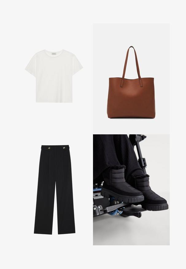 Tricou alb cu mânecă scurtă, made din bumbac moale. Are un guler rotund și o croială lejeră. Design curat, fără modele sau accente vizibile.; Pantaloni negri cu picioare largi, talie înaltă, detalii cu butoane pe talie și pliseuri în față.; Botine negre, impermeabile, cu gleznă, ce prezintă o textură matlasată, o trimă moale din blană și o talpă groasă, robustă, plasate pe un fundal de scaun cu rotile.; Geantă de umăr din piele maro cu o textură netedă, design cu vârf deschis și două curele pentru umăr. Prezintă cusături minime și fără componente metalice vizibile.