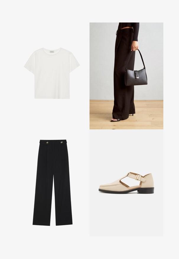 T-shirt bianco a maniche corte realizzato in morbido cotone. Presenta un collo rotondo e una vestibilità comoda. Design pulito senza modelli o dettagli visibili.; Pantaloni neri a gamba larga con vita alta, dettagli con bottoni in vita e pieghe frontali.; Zign LEATHER - Scarpe senza lacci - mottled beige; Borsa nera con forma strutturata, texture liscia e una chiusura metallica. Abbinata a pantaloni neri larghi e sandali open-toe su un pavimento in legno.