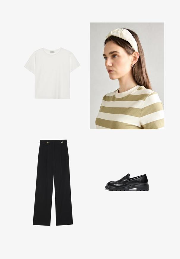 Valkoinen lyhythihainen T-paita, joka on valmistettu pehmeästä puuvillasta. Siinä on pyöreä kaula-aukko ja rento istuvuus. Siisti muotoilu ilman näkyviä kuvioita tai yksityiskohtia.; Mustat leveälahkeiset housut, joissa on korkea vyötärö, napit vyötärönauhassa ja etupuolella laskokset.; Musta nahkakengät, joissa on pyöreä kärki, tikattu yksityiskohta ja paksu kumipohja, jossa on teksturoitu pito-kuvio.; Kermainen pehmustettu pääpanta, jossa on kiertävä muotoilu, yhdistettynä beige-valkoraidalliseen puseroon, jossa on pyöreä pääntie. Huomaamaton koruasu.