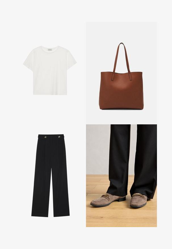White short-sleeve T-shirt made of soft cotton. Features a round neckline and relaxed fit. Clean design with no visible patterns or accents.; Black wide-leg trousers with high waist, button details on waistband, and front pleats.; Brown suede loafers with gold twisted metal detail worn with black wide-leg trousers on wooden floor.; Brown leather tote bag with a smooth texture, open top design, and two shoulder straps. Features minimal stitching and no visible hardware.
