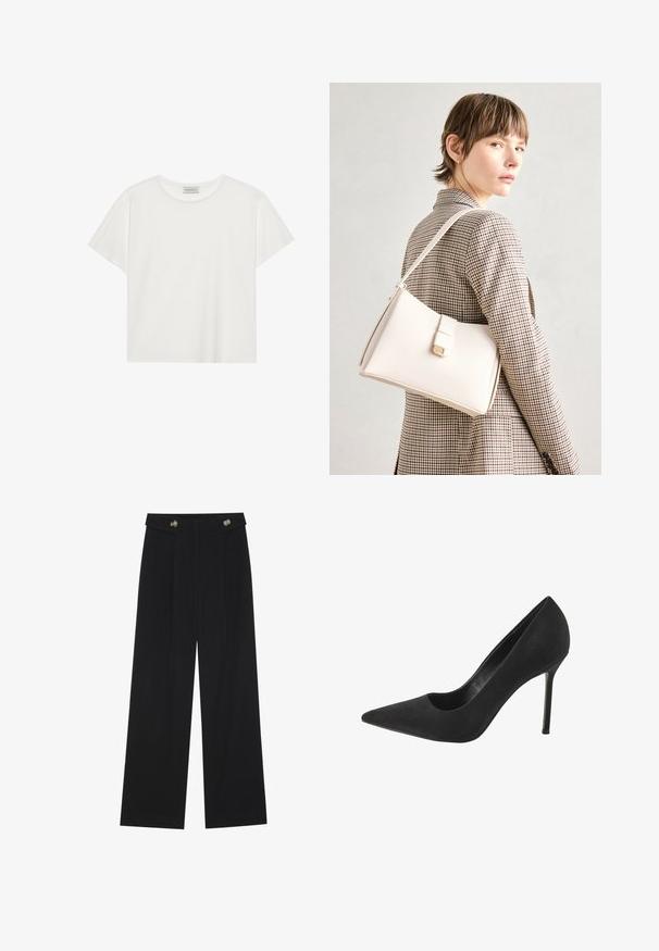T-shirt blanc à manches courtes en coton doux. Présente un col rond et une coupe décontractée. Design épuré sans motifs ni accents visibles.; Pantalons larges noirs à taille haute, avec des détails de boutons à la taille et des plis sur le devant.; Escarpin haut en daim noir avec un bout pointu et un détail en découpes sur le côté ; doté d'un talon aiguille élancé et d'une doublure intérieure lisse.; Sac à main en cuir blanc au design structuré, doté d'un fermoir magnétique et d'une bandoulière, présenté sur un fond neutre.