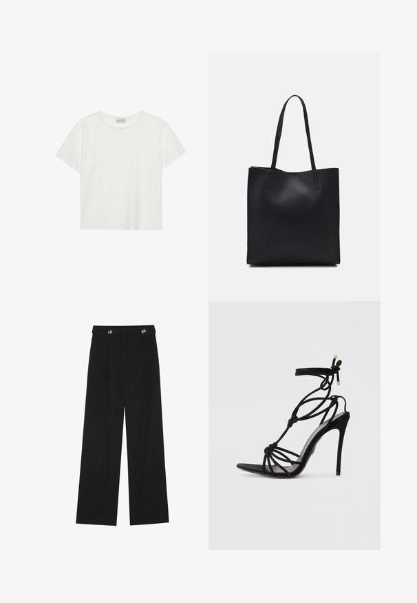 Camiseta blanca de manga corta hecha de suave algodón. Presenta un escote redondo y un corte relajado. Diseño limpio sin patrones o acentos visibles.; Pantalones de pierna ancha negros con cintura alta, detalles de botones en la cinturilla y pliegues en la parte delantera.; Sandalia negra de tacón stilettos con un diseño de tiras anudadas, punta abierta y un tacón delgado. Textura suave con detalles en tono dorado en las tiras.; Bolso tote de cuero negro con textura lisa, forma rectangular y dos asas largas. Sin herrajes ni adornos visibles.