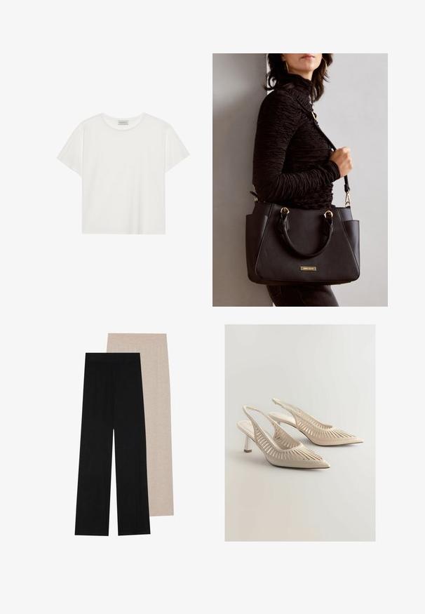 Biała koszulka z krótkim rękawem wykonana z miękkiej bawełny. Posiada okrągły dekolt i luźny krój. Czysty design bez widocznych wzorów czy akcentów.; Czarno-beżowe spodnie szerok nogawki z elastycznym pasem; miękka, lekka tkanina; gładka tekstura; minimalistyczne detale szwów.; Beżowe pantofle na obcasie z odkrytymi piętami, z zaostrzonym przodem, z wyciętymi paskami, plecionym wykończeniem i małym blokowym obcasem. Gładka powierzchnia.; Czarna torebka z teksturowanej powierzchni, podwójnymi uchwytami na górze i regulowanym paskiem na ramię. Posiada złote okucia i boczne kieszenie.