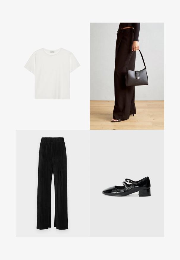 Hvit T-skjorte med kort erm laget av myk bomull. Har rund hals og avslappet passform. Rent design uten synlige mønstre eller aksenter.; Sorte plisserte bukser med elastisk midje. Har vide ben og et glatt, strukturert stoff med vertikale striper.; Sorte patentlær Mary Jane-sko med spiss tå, to justerbare reimer med sirkulært beslag og en lav blokkheel.; Svart håndveske med strukturert form, jevn tekstur og metallisk lås. Kombinert med brede svarte bukser og sandaler med åpen tå på tregulv.