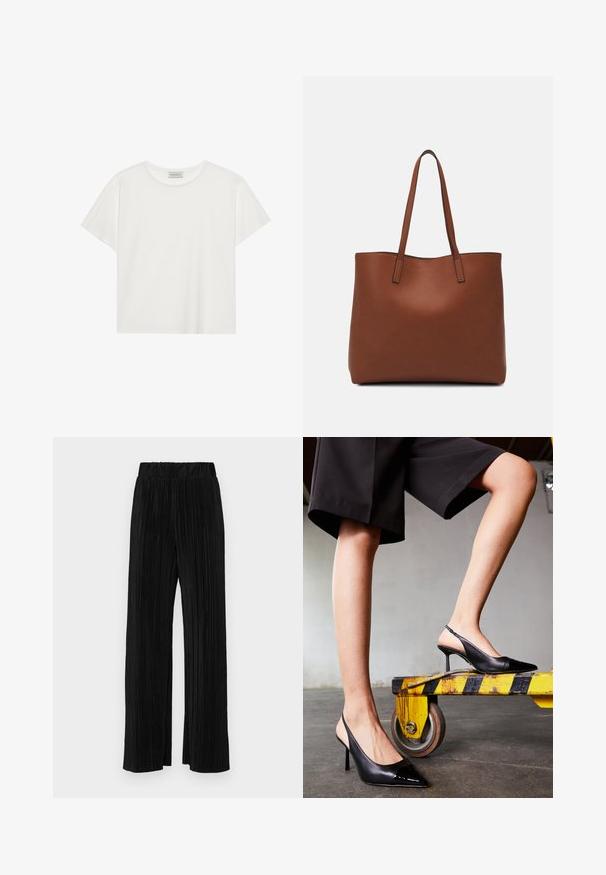 T-shirt blanc à manches courtes en coton doux. Présente un col rond et une coupe décontractée. Design épuré sans motifs ni accents visibles.; Pantalons plissés noirs avec une taille élastique. Présente des jambes larges et un tissu lisse texturé avec des rayures verticales.; Escarpins noirs à bride arrière avec un bout pointu, dotés d'un bout en vernis brillant. Talon aiguille, design en cuir lisse et silhouette minimaliste.; Sac fourre-tout en cuir marron avec une texture lisse, design à ouverture supérieure et deux poignées pour le porter à l'épaule. Présente des coutures minimales et aucun matériel visible.