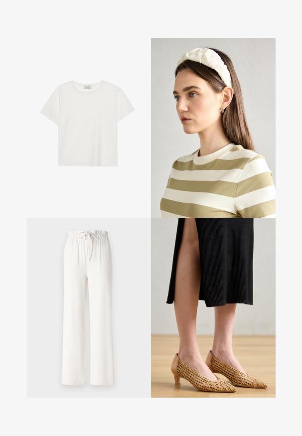 Balta trumpa rankovė T-marškiniai, pagaminti iš minkštos medvilnės. Charakterizuojami apvali kaklo iškirpte ir laisvu siluetu. Švarus dizainas be matomų raštų ar akcentų.; Balti plačios kelnės, pagamintos iš minkštos medžiagos, su raišteliu liemens srityje ir glotnia tekstūra. Nėra matomų raštų ar puošmenų.; Kampiniai bateliai su austa auksine tinkleliu, smėlio spalvos odiniu užkulniu ir mažu kulnu, ant medinės grindų ir juodos raukšlėtos suknelės.; Kremo spalvos paminkštinta galvos juosta su suktiniu dizainu, derinama su smėlio ir baltos spalvos juostelėmis marškiniais, turinčiais apvalų iškirpimą. Subtilūs papuošalų akcentai.