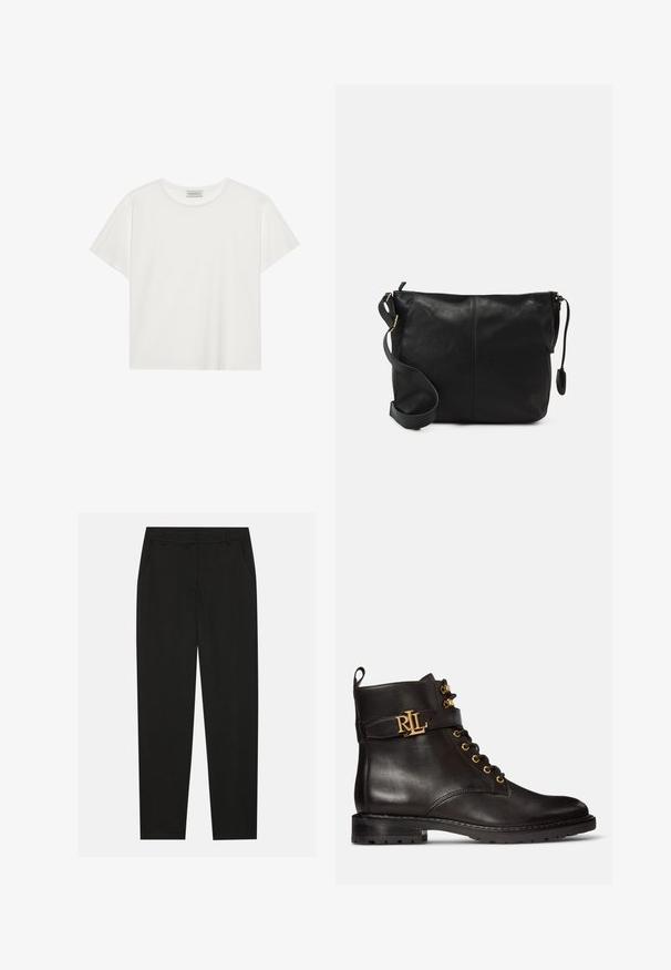Hvit T-skjorte med kort erm laget av myk bomull. Har rund hals og avslappet passform. Rent design uten synlige mønstre eller aksenter.; Sorte bukser med skreddersydd design, med sidelommer og rett ben. Laget av glatt, lett stoff med en elegant finish.; Svart lær ankelstøvlett med gullhardware, snøring foran og en dekorativ stropp med preget logo. Gummisåle med mønster.; Svart skinn crossover-veske med flat form, gullfarge detaljer og justerbar stropp. Glatt tekstur med minimale sømmer.
