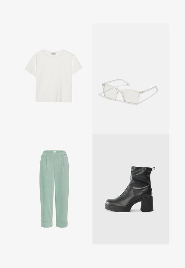 Valge lühikeste varrukatega t-särk, mis on valmistatud pehmest puuvillast. Omab ümmargust kaelust ja mugavat lõiget. Puhtad jooned, ilma nähtavate mustrite või aktsentideta.; Heledad rohelised lühikesed püksid pehme tekstuuriga, millel on voltidegaäär ja frontaalne voldik, loodud mugavuseks ja igapäevaseks kandmiseks.; Mustad mustad ansapüksid, mis on valmistatud siledast nahast, külje zipperiga, paksu tekstuuriga kontsaga ja ümmarguse nina disainiga.; Selge plastmassist ruudukujulised prilliraamid koos läbipaistvate läätsedega, millel on kuldsed aktsendid templitel, et lisada detaile.