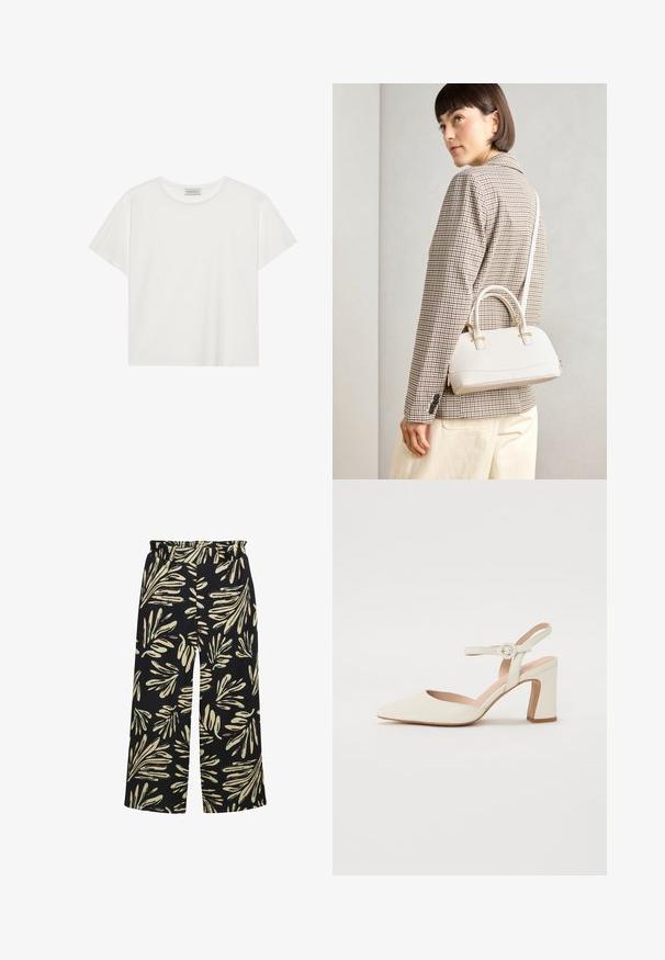 Tricou alb cu mânecă scurtă, made din bumbac moale. Are un guler rotund și o croială lejeră. Design curat, fără modele sau accente vizibile.; Pantaloni wide-leg cu talie elastică, având un fundal negru și un design cu frunze în tonuri de crem și verde mentă. Material texturat.; Pantof cu vârful ascuțit, de culoare crem, cu toc pătrat. Dispune de o curea subțire la glezna cu o cataramă rotundă și o textură netedă a pielii.; Geantă structurată albă, cu mânere scurte și curea de umăr, având accente din metal aurit și material texturat, expusă pe un fundal gri.