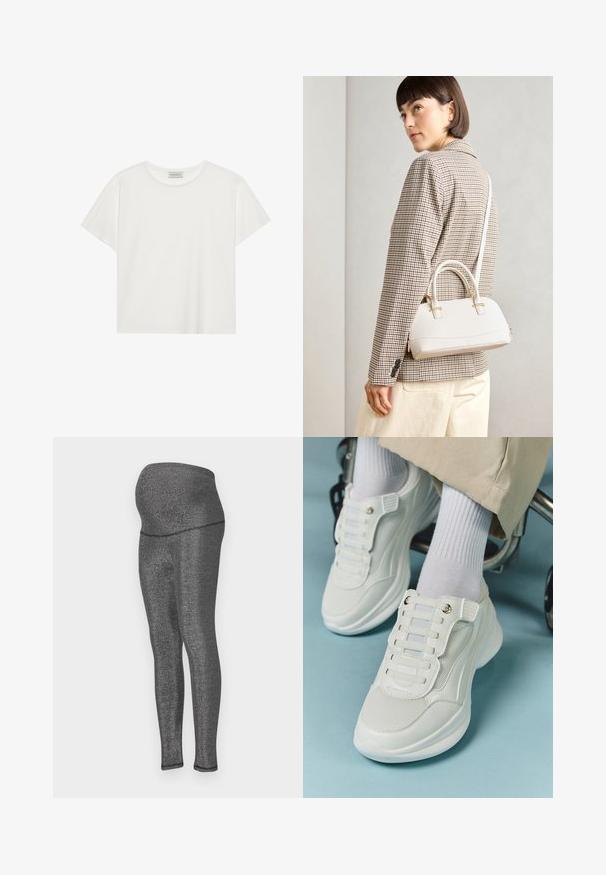 T-shirt branca de manga curta feita de algodão macio. Apresenta um decote redondo e um corte descontraído. Design limpo sem padrões ou detalhes visíveis.; Leggings de maternidade em tecido metálico preto elástico. Cintura alta concebida para conforto, ajuste elegante nas pernas, com uma textura suave.; Tênis brancos com material em rede, sola de borracha, design sem atacadores com faixas elásticas e detalhes em tom dourado.; Bolsa estruturada branca com alças curtas e uma alça de ombro, com detalhes em hardware dourado e material texturizado, exibida contra um fundo cinza.