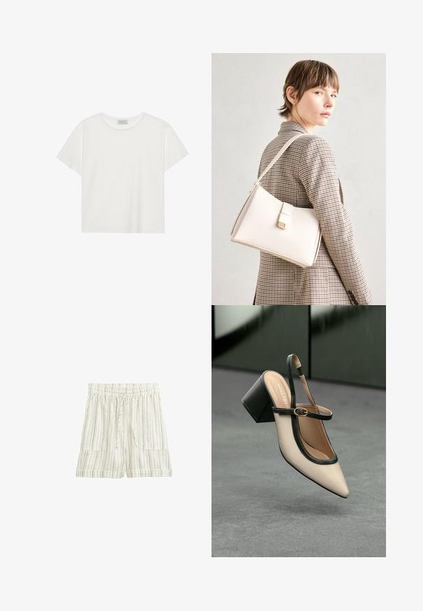 Fehér, rövid ujjú póló, puha pamutból készült. Kerek nyakkivágással és laza szabással rendelkezik. Tiszta dizájn, látható minták vagy díszítések nélkül.; Világos krémszínű vászon keverék rövidnadrág függőleges csíkokkal, rugalmas derékkal, állítható megkötővel és két elülső zsebbeli zsebbel.; Beige, hegyes orrú, pántos cipő fekete díszítéssel, arany csattal és vastag blokk sarokkal, szürke padlón, sötétzöld háttér előtt.; Fehér bőr táska strukturált dizájnnal, mágneses záródással és vállpánttal, semleges háttér előtt bemutatva.